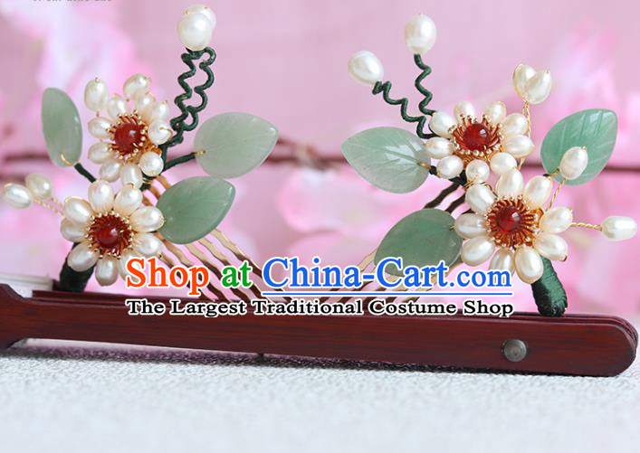 Chinese Classical Court Pearls Hair Combs Handmade Hanfu Hair Accessories Ancient Ming Dynasty Princess Jade Leaf Hairpins