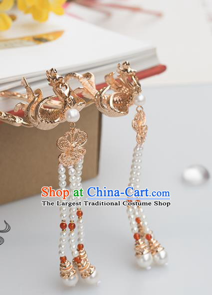 Chinese Classical Palace Pearls Tassel Step Shake Handmade Hanfu Hair Accessories Ancient Ming Dynasty Empress Golden Phoenix Hairpins