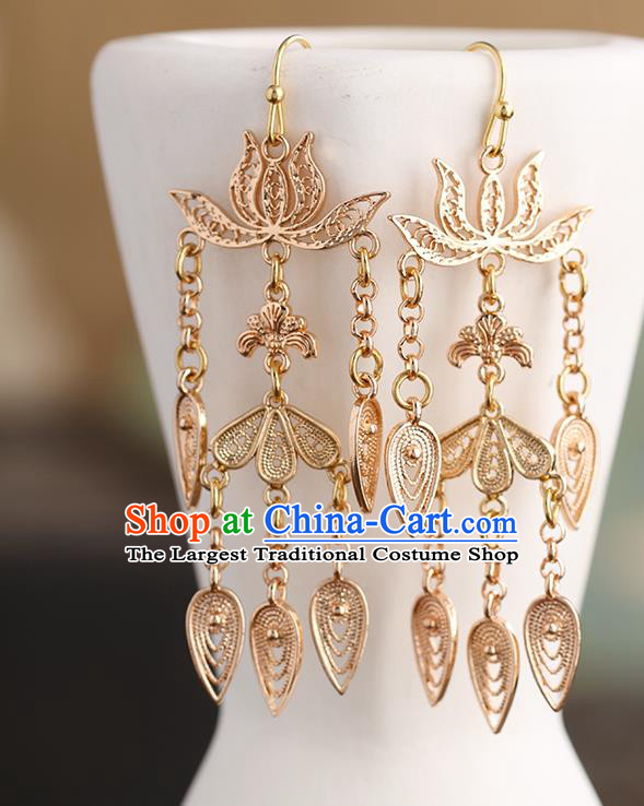 Chinese Handmade Golden Lotus Tassel Earrings Classical Ear Accessories Hanfu Tang Dynasty Empress Eardrop