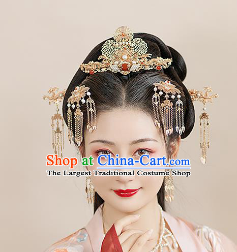 Chinese Classical Palace Golden Hair Crown Handmade Hanfu Hair Accessories Ancient Tang Dynasty Princess Agate Hairpins