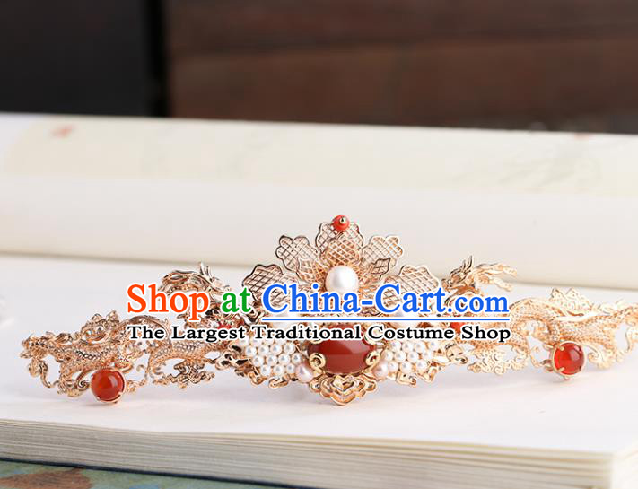 Chinese Classical Palace Golden Dragon Hair Crown Handmade Hanfu Hair Accessories Ancient Tang Dynasty Princess Pearls Hairpins