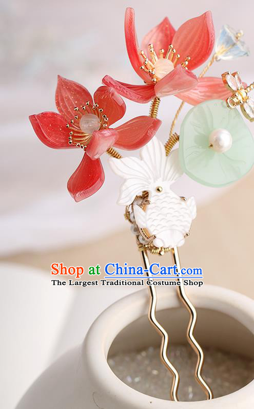 Chinese Classical Palace Red Lotus Hair Sticks Handmade Hanfu Hair Accessories Ancient Song Dynasty Princess Shell Fish Hairpins