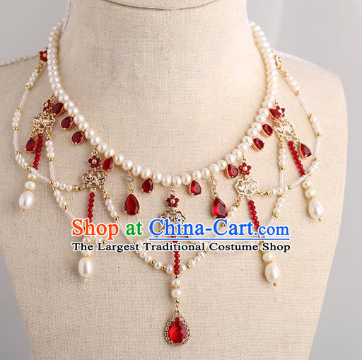 Chinese Handmade Red Crystal Necklet Classical Jewelry Accessories Ancient Ming Dynasty Princess Hanfu Pearls Necklace for Women