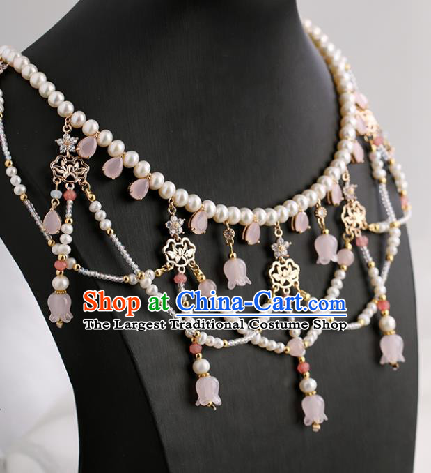 Chinese Handmade Pink Convallaria Necklet Classical Jewelry Accessories Ancient Ming Dynasty Princess Hanfu Pearls Necklace for Women