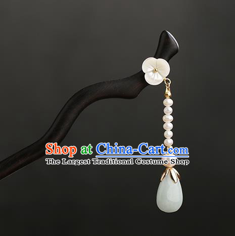 Chinese Classical Palace Ebony Hair Sticks Handmade Hanfu Hair Accessories Ancient Ming Dynasty Princess Jade Tassel Hairpins