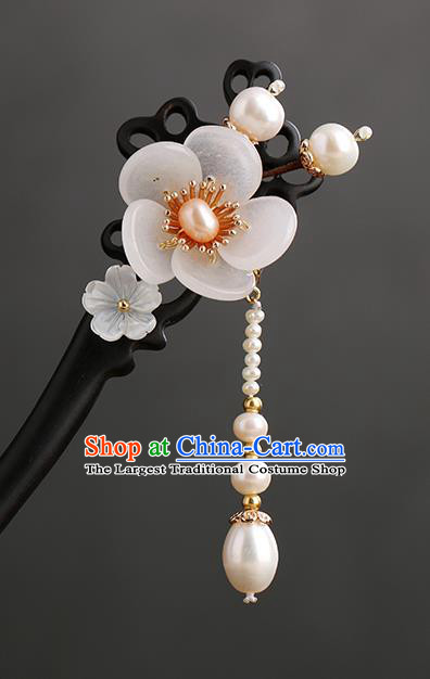 Chinese Classical Palace Plum Ebony Hair Sticks Handmade Hanfu Hair Accessories Ancient Ming Dynasty Princess Pearls Tassel Hairpins