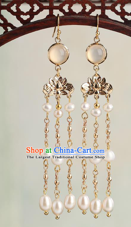 Chinese Handmade Tassel Pearls Earrings Classical Ear Accessories Hanfu Ming Dynasty Empress Golden Lotus Eardrop