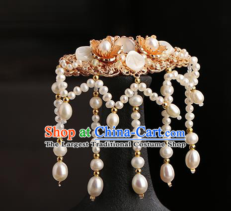 Chinese Classical Palace Long Tassel Pearls Hair Sticks Handmade Hanfu Hair Accessories Ancient Ming Dynasty Princess Shell Hairpins