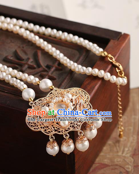 Chinese Handmade Golden Necklet Classical Jewelry Accessories Ancient Ming Dynasty Princess Hanfu Pearls Necklace for Women