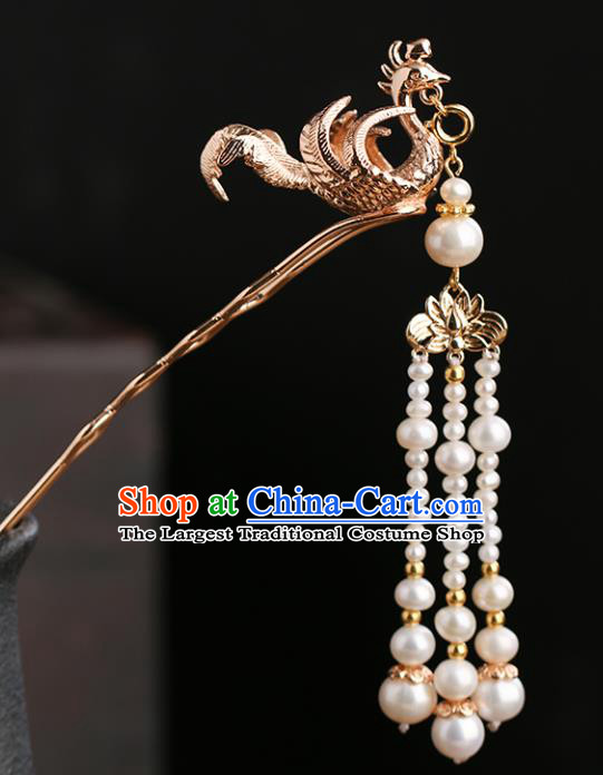 Chinese Classical Palace Phoenix Hair Sticks Handmade Hanfu Hair Accessories Ancient Ming Dynasty Princess Pearls Tassel Golden Hairpins