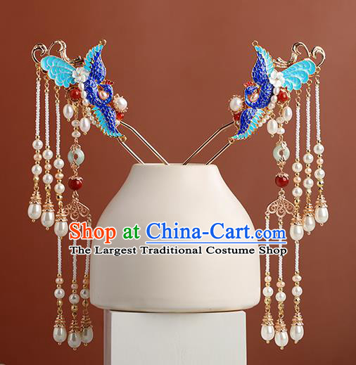 Chinese Classical Palace Blueing Phoenix Hair Sticks Handmade Hanfu Hair Accessories Ancient Ming Dynasty Princess Pearls Tassel Hairpins