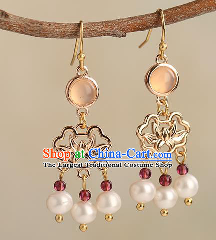 Chinese Handmade Garnet Earrings Classical Ear Accessories Hanfu Ming Dynasty Princess Golden Lotus Eardrop