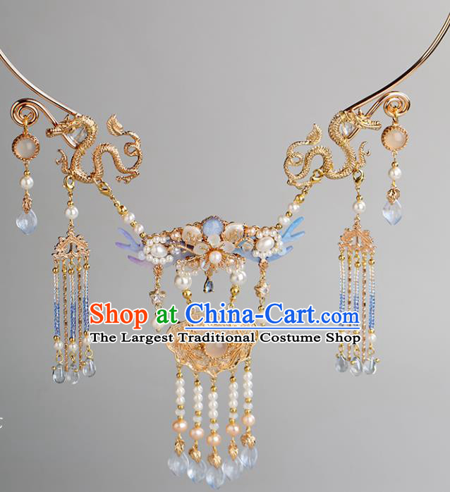 Chinese Handmade Golden Dragon Necklet Classical Jewelry Accessories Ancient Ming Dynasty Princess Hanfu Pearls Necklace for Women