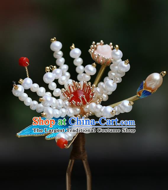 Chinese Classical Palace Beads Chrysanthemum Hair Stick Handmade Hanfu Hair Accessories Ancient Ming Dynasty Princess Agate Hairpins