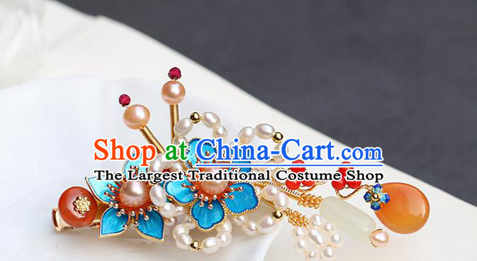 Chinese Classical Palace Blueing Plum Hair Stick Handmade Hanfu Hair Accessories Ancient Ming Dynasty Princess Pearls Ceregat Hairpins