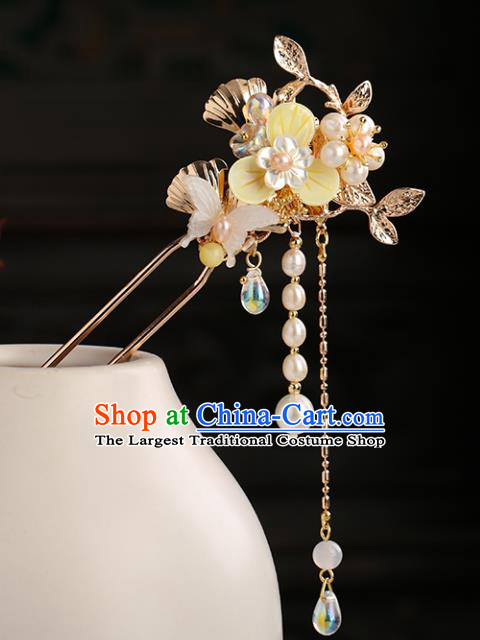 Chinese Classical Palace Pearls Tassel Hair Stick Handmade Hanfu Hair Accessories Ancient Ming Dynasty Princess Shell Butterfly Hairpins