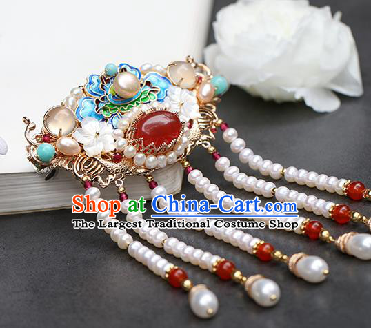 Chinese Classical Palace Blueing Peony Hair Crown Handmade Hanfu Hair Accessories Ancient Qing Dynasty Princess Beads Tassel Hairpins