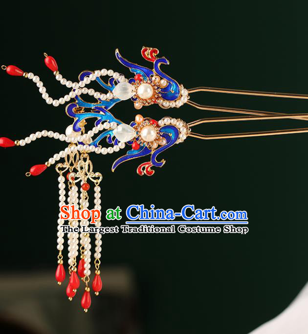 Chinese Classical Palace Blueing Phoenix Hair Stick Handmade Hanfu Hair Accessories Ancient Qing Dynasty Princess Pearls Tassel Hairpins