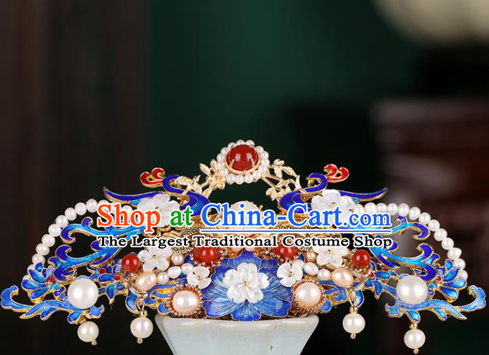 Chinese Classical Palace Blueing Phoenix Peony Hair Crown Handmade Hanfu Hair Accessories Ancient Qing Dynasty Princess Agate Pearls Hairpins