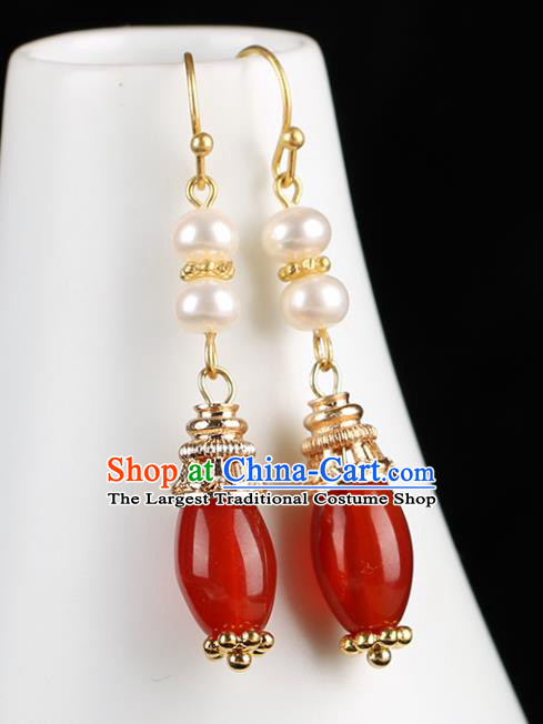 Chinese Handmade Pearl Earrings Classical Ear Accessories Hanfu Qing Dynasty Princess Red Agate Eardrop