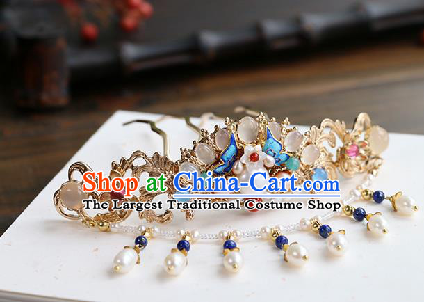 Chinese Classical Palace Gems Hair Stick Handmade Hanfu Hair Accessories Ancient Ming Dynasty Princess Chalcedony Hair Crown Hairpins