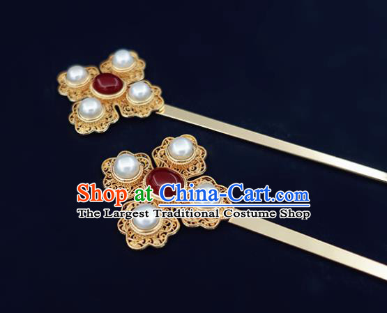 Chinese Classical Palace Gems Hair Stick Handmade Hanfu Hair Accessories Ancient Ming Dynasty Empress Golden Hairpins