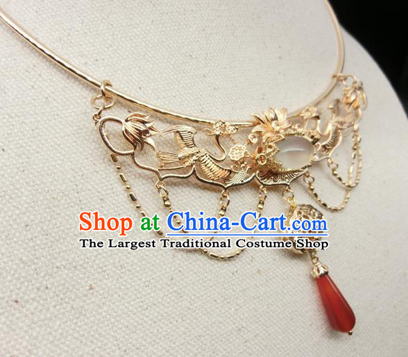 Chinese Handmade Hanfu Golden Crane Necklet Classical Jewelry Accessories Ancient Ming Dynasty Princess Agate Necklace for Women