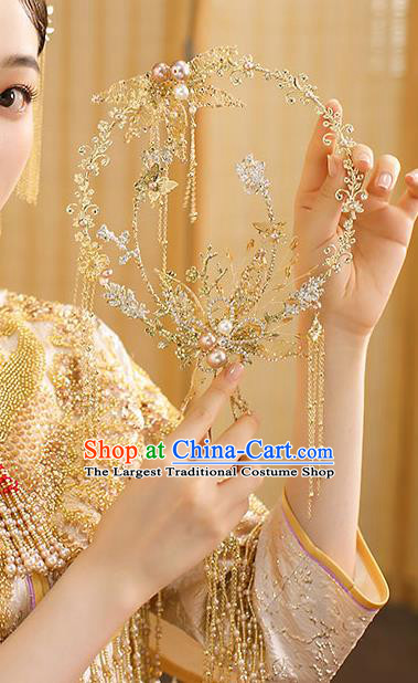 Chinese Handmade Wedding Golden Tassel Palace Fans Classical Fans Ancient Bride Crystal Round Fans