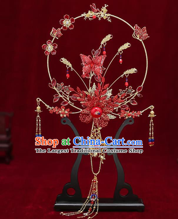 Chinese Handmade Wedding Red Butterfly Palace Fans Classical Fans Ancient Bride Tassel Round Fans