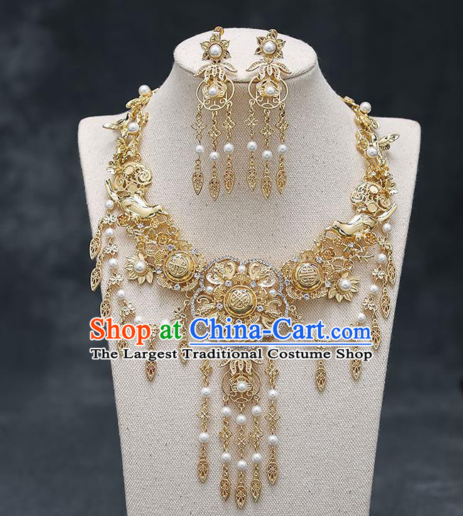 Chinese Handmade Hanfu Golden Necklet and Earrings Ancient Wedding Necklace Classical Jewelry Accessories for Women