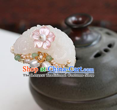 Chinese Classical Palace White Jade Hair Crown Handmade Hanfu Hair Accessories Ancient Ming Dynasty Princess Pearls Hairpins