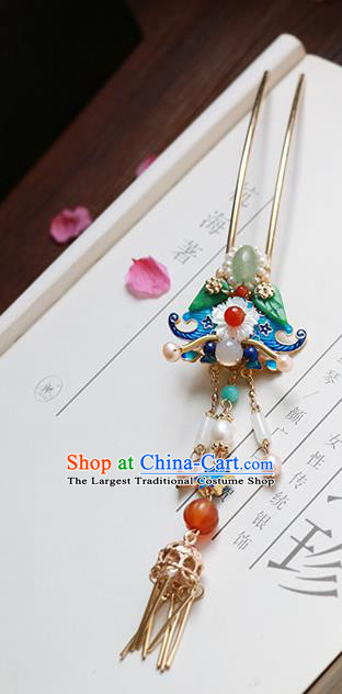 Chinese Classical Palace Blueing Bat Hair Stick Handmade Hanfu Hair Accessories Ancient Ming Dynasty Princess Jade Pearls Hairpins