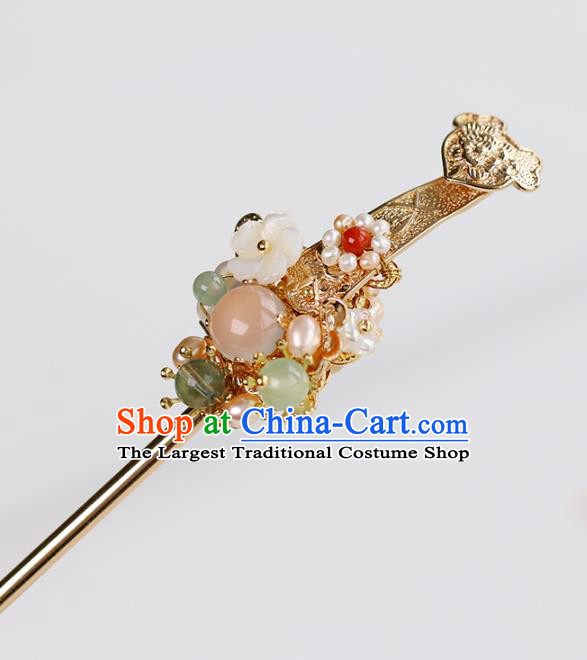 Chinese Classical Palace Golden Hair Stick Handmade Hanfu Hair Accessories Ancient Ming Dynasty Princess Chalcedony Hairpins