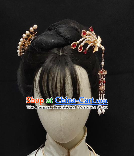 Chinese Classical Pearls Phoenix Hair Stick Handmade Hanfu Hair Accessories Ancient Ming Dynasty Princess Hairpins