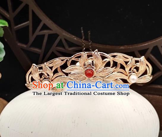 Chinese Classical Gems Hair Crown Handmade Hanfu Hair Accessories Ancient Tang Dynasty Princess Golden Lotus Hairpins