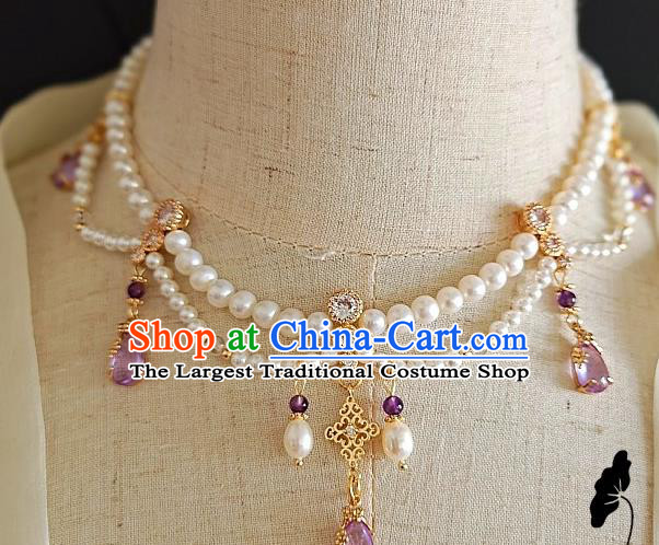 Chinese Handmade Ming Dynasty Purple Crystal Necklet Classical Jewelry Accessories Ancient Princess Hanfu Pearls Necklace for Women