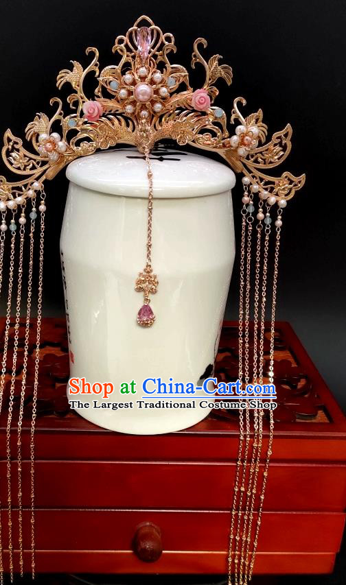 Chinese Classical Golden Phoenix Coronet Handmade Hanfu Hair Accessories Ancient Tang Dynasty Princess Hairpins Tassel Hair Crown