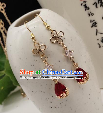 Chinese Handmade Red Crystal Earrings Classical Ear Accessories Hanfu Ming Dynasty Princess Eardrop