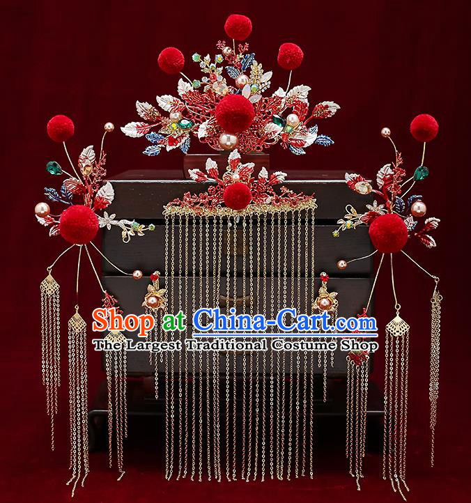 Chinese Classical Wedding Red Venonat Hair Crown Handmade Hair Accessories Ancient Bride Hairpins Hair Comb Complete Set