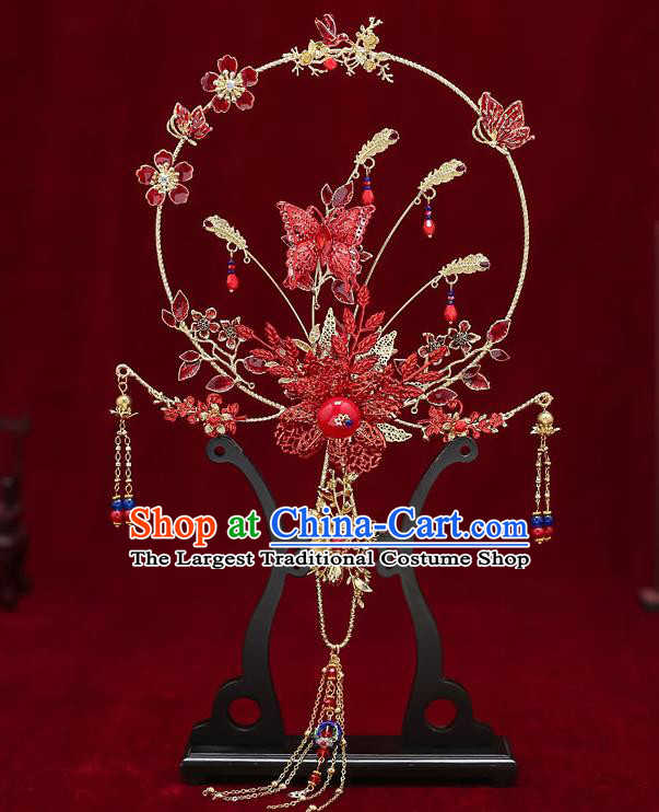 Chinese Handmade Wedding Red Butterfly Plum Palace Fans Classical Fans Ancient Bride Tassel Round Fans