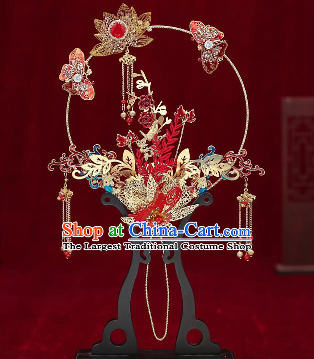 Chinese Handmade Wedding Red Butterfly Lotus Palace Fans Classical Fans Ancient Bride Tassel Round Fans