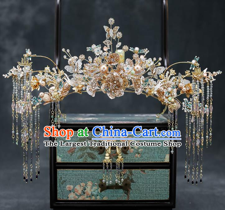 Chinese Classical Wedding Golden Hair Crown Handmade Hair Accessories Ancient Bride Hairpins Crystal Butterfly Phoenix Coronet Complete Set