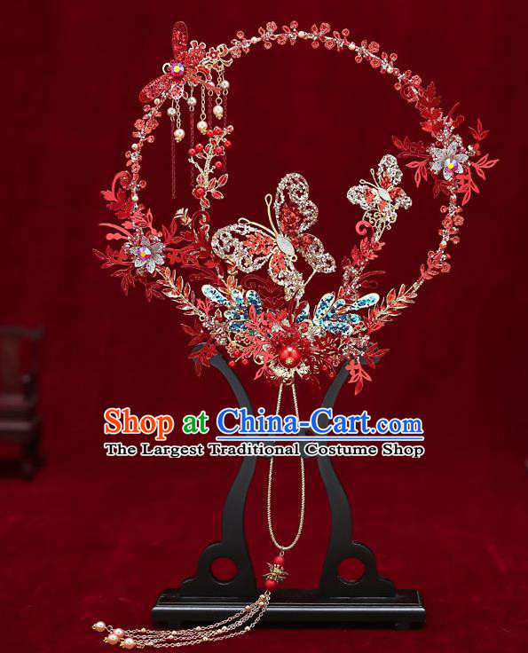 Chinese Handmade Wedding Red Dragonfly Butterfly Palace Fans Classical Fans Ancient Bride Round Fans