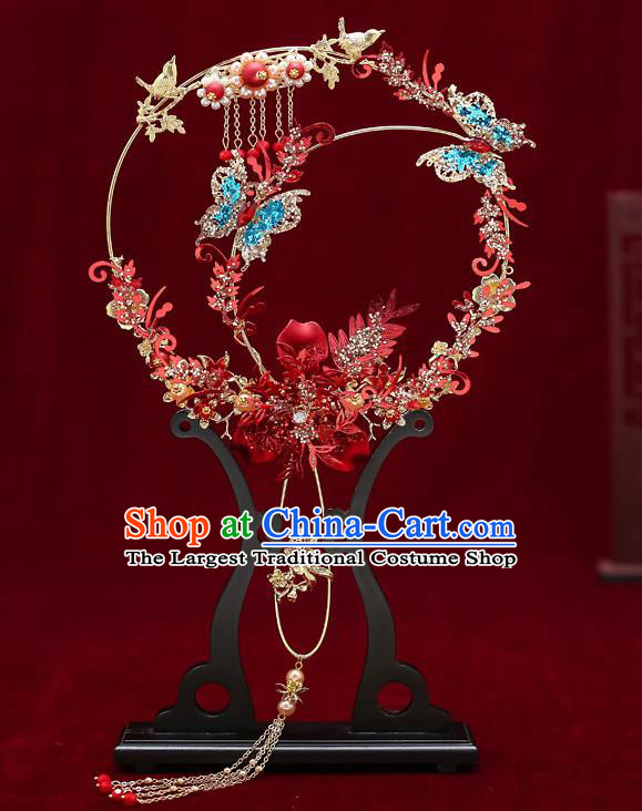 Chinese Handmade Wedding Blue Crystal Butterfly Palace Fans Classical Fans Ancient Bride Blueing Pearls Round Fans