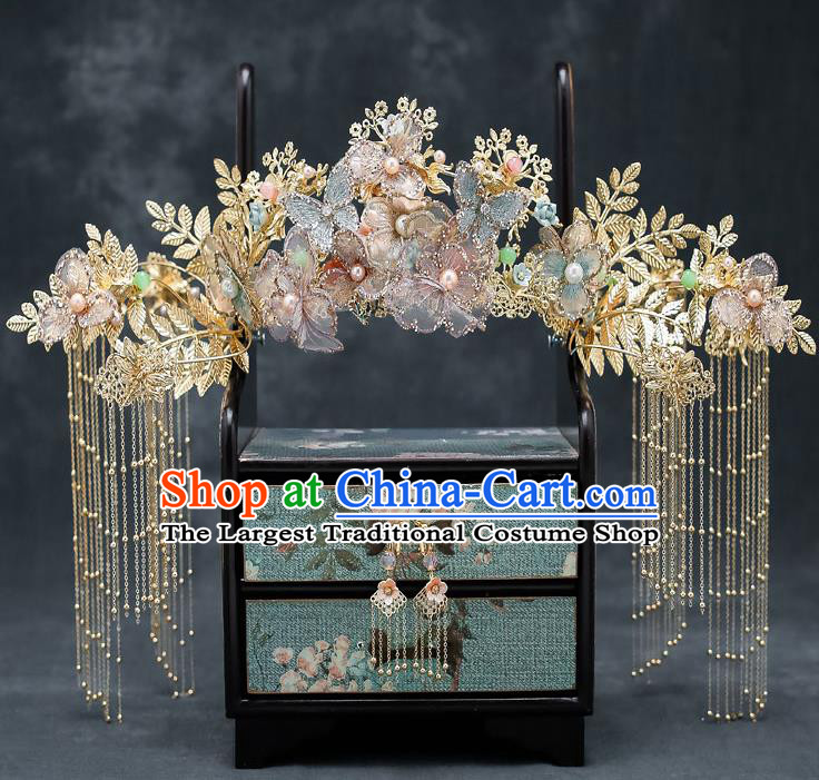 Chinese Classical Wedding Flowers Butterfly Hair Crown Handmade Hair Accessories Ancient Bride Hairpins Complete Set