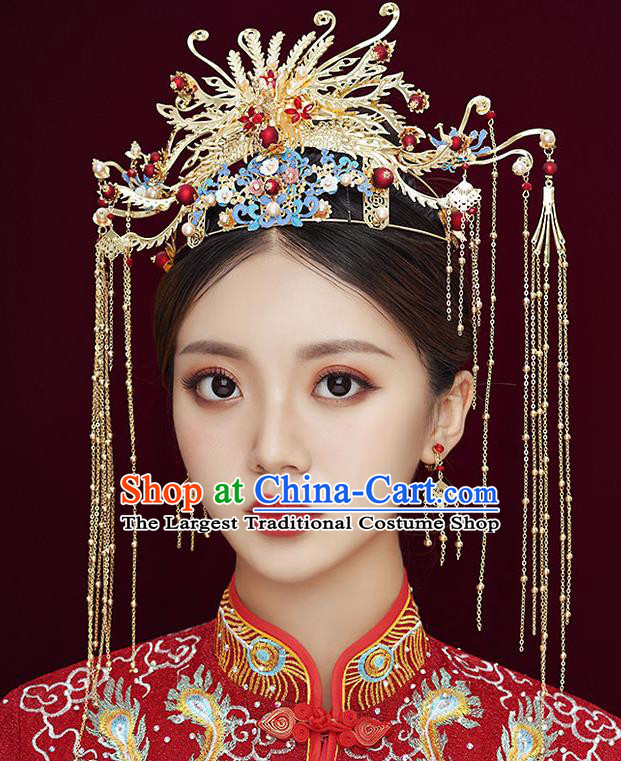 Chinese Classical Wedding Hair Crown Handmade Hair Accessories Ancient Bride Hairpins Golden Phoenix Coronet Complete Set