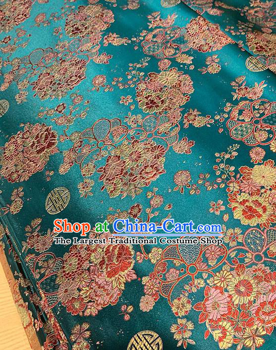 Chinese Traditional Daisy Pattern Lake Blue Silk Fabric Brocade Drapery Tang Suit Damask Material