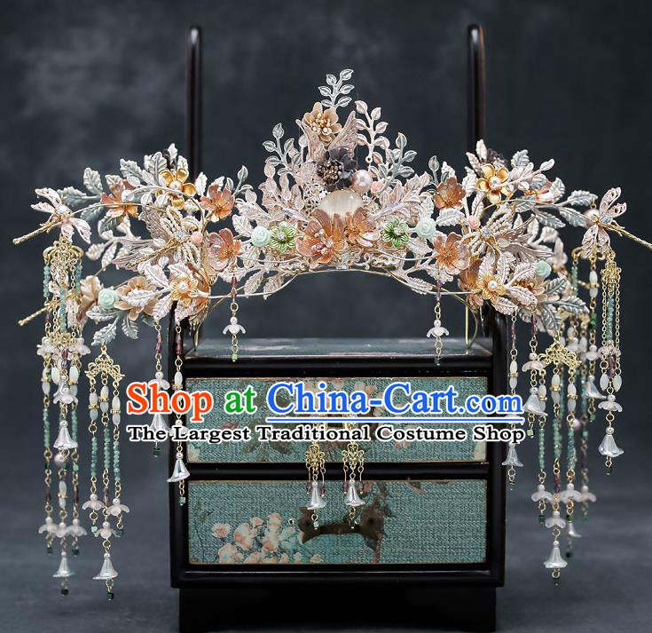 Chinese Handmade Flowers Hair Crown Classical Wedding Hair Accessories Ancient Bride Hairpins Phoenix Coronet Complete Set