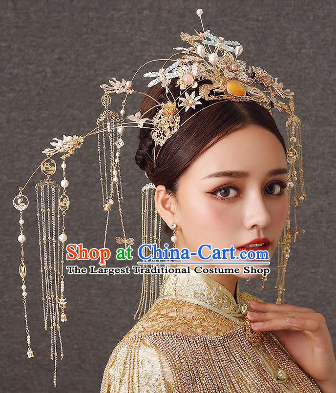 Chinese Handmade Dragonfly Phoenix Coronet Classical Wedding Hair Accessories Ancient Bride Hairpins Hair Crown Complete Set