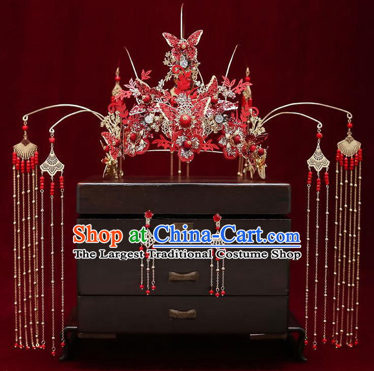 Chinese Handmade Red Butterfly Hair Crown Classical Wedding Hair Accessories Ancient Bride Hairpins Tassel Phoenix Coronet Complete Set